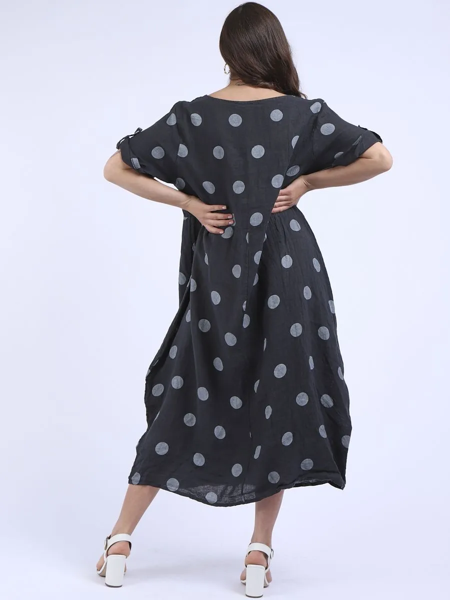 Italian Polka Dot Charcoal Linen Pocket Dress Sz 12-18