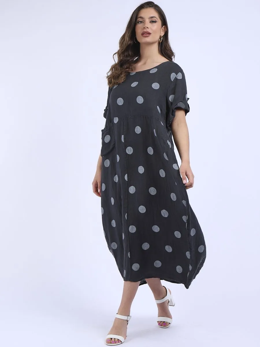 Italian Polka Dot Charcoal Linen Pocket Dress Sz 12-18