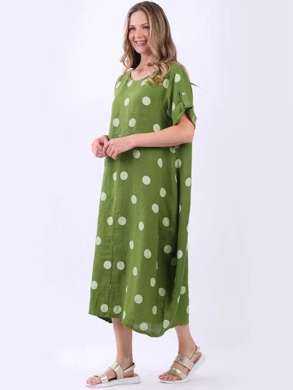 Italian Polka Dot Lime Green Linen Pocket Dress Sz 12-18