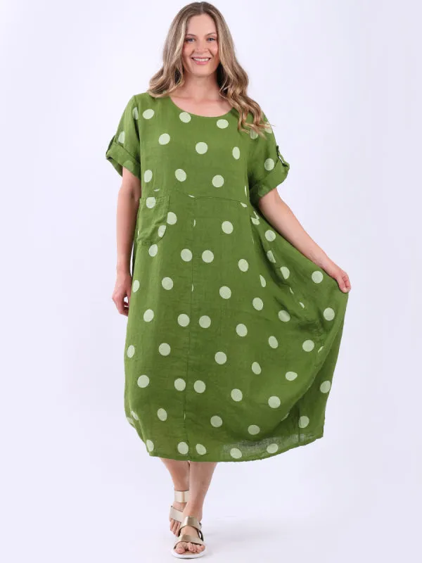 Italian Polka Dot Lime Green Linen Pocket Dress Sz 12-18