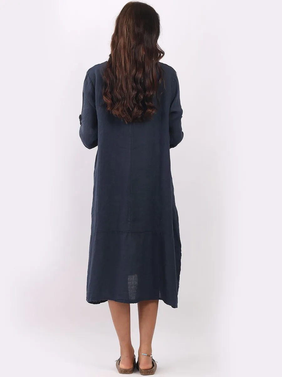 Italian Tie Pocket Plain Navy Linen Dress Sz 10-16
