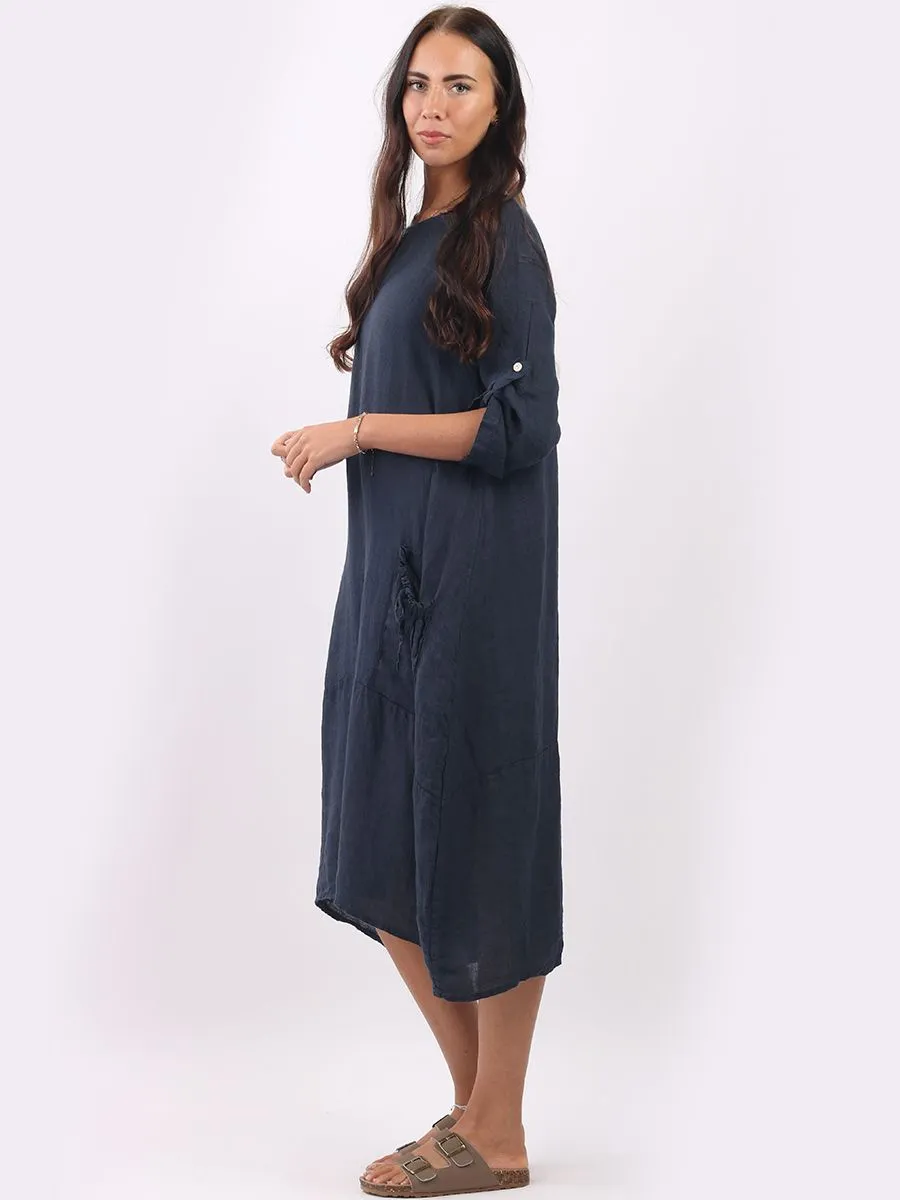 Italian Tie Pocket Plain Navy Linen Dress Sz 10-16