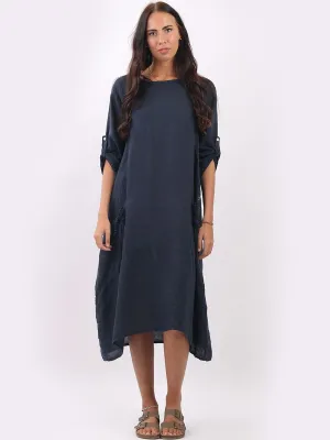 Italian Tie Pocket Plain Navy Linen Dress Sz 10-16