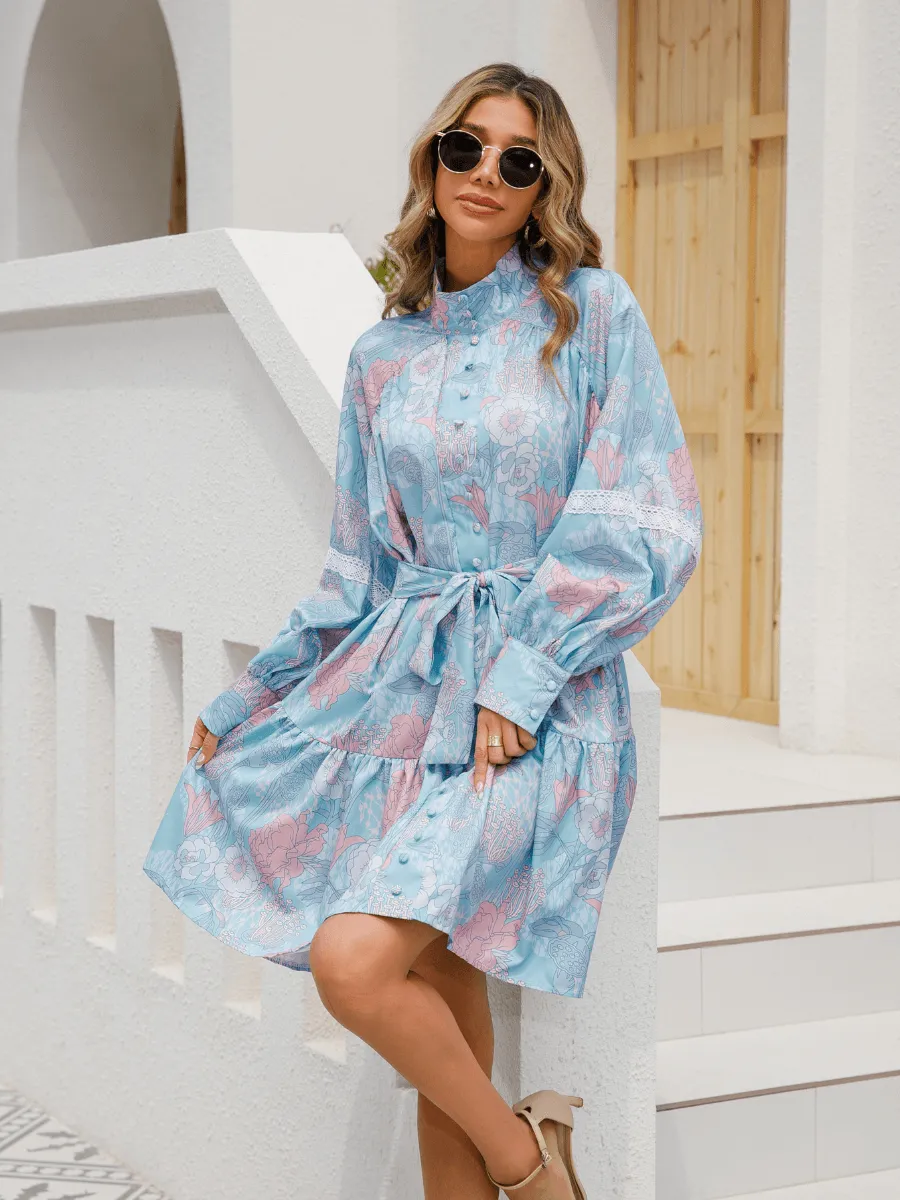 Justine Printed High Neck Ruffle Mini Dress - Blue
