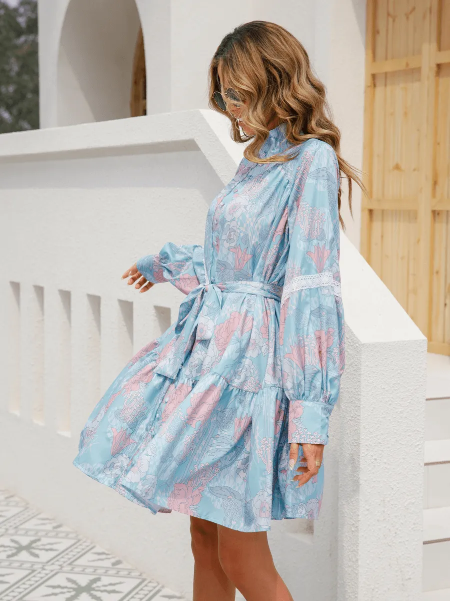 Justine Printed High Neck Ruffle Mini Dress - Blue