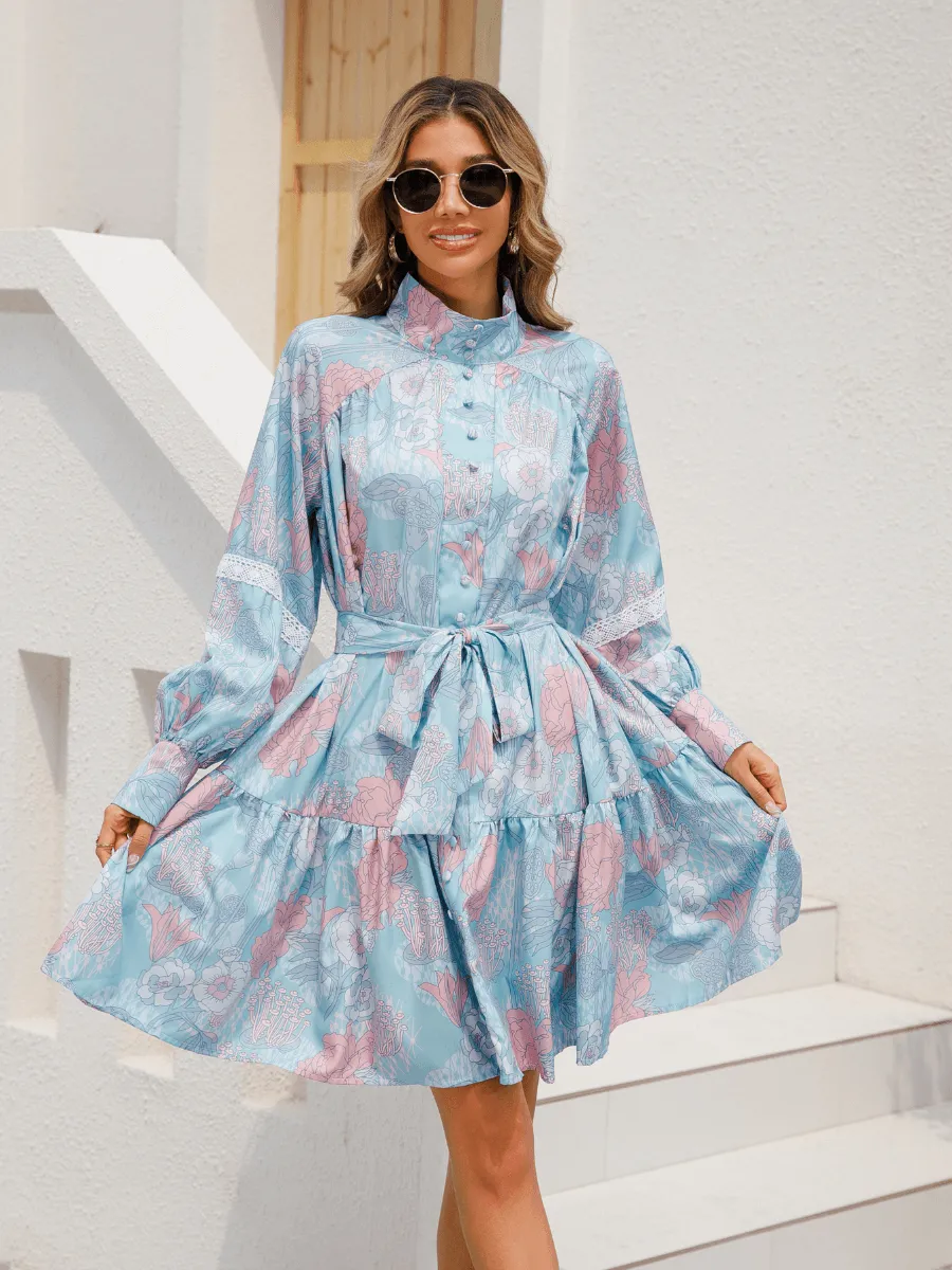 Justine Printed High Neck Ruffle Mini Dress - Blue