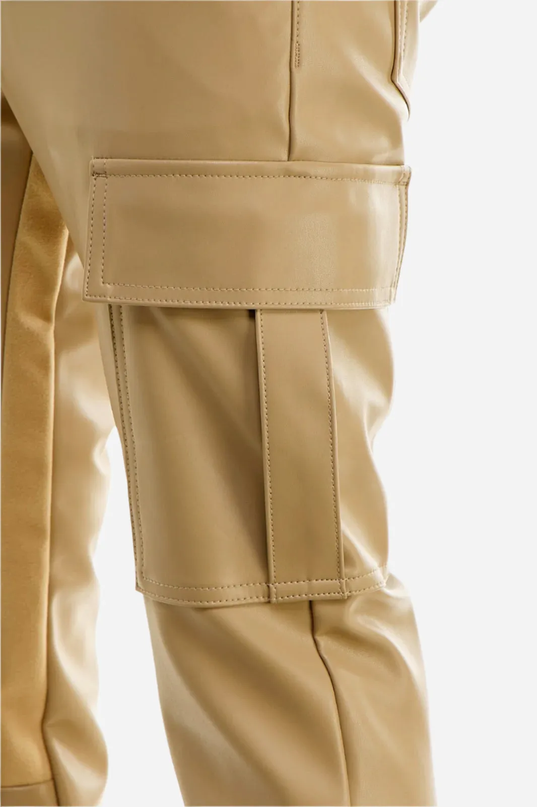 Khaki PU Skinny Flare Cargo Pant- Stacked Flare Fit