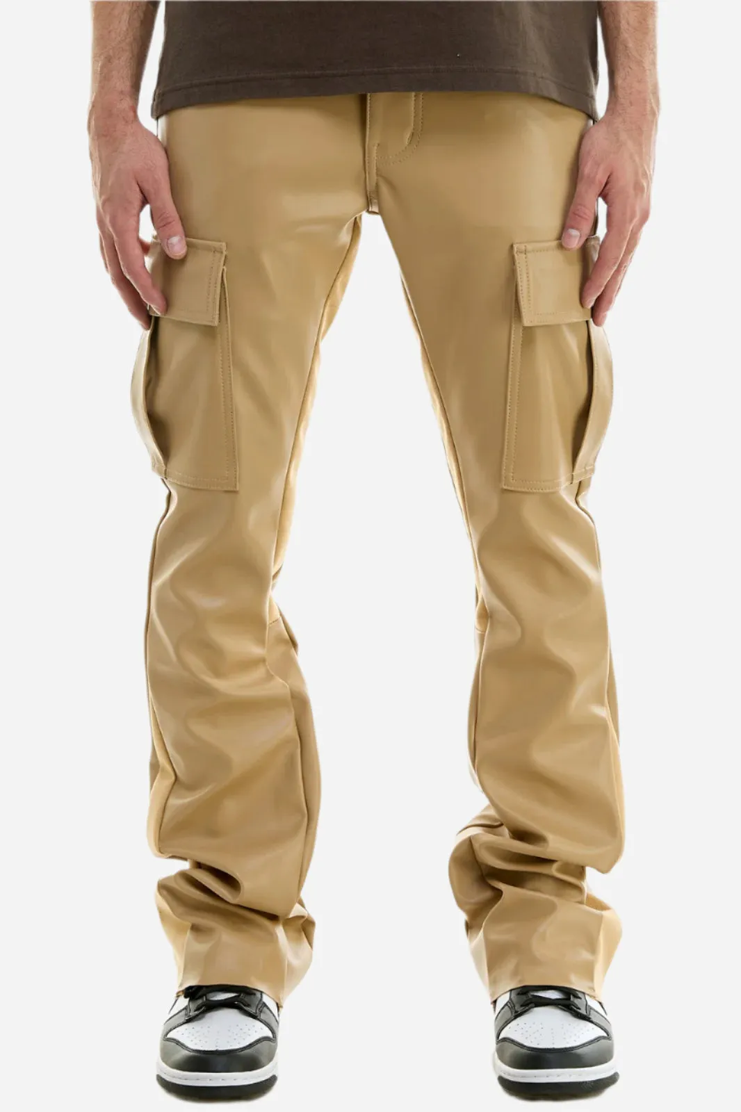 Khaki PU Skinny Flare Cargo Pant- Stacked Flare Fit
