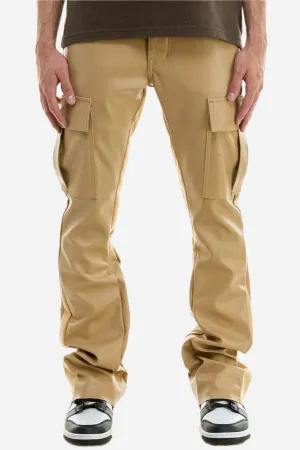 Khaki PU Skinny Flare Cargo Pant- Stacked Flare Fit