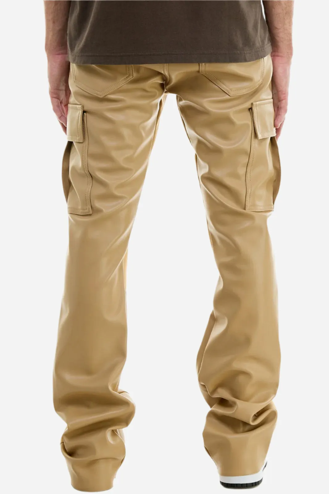 Khaki PU Skinny Flare Cargo Pant- Stacked Flare Fit
