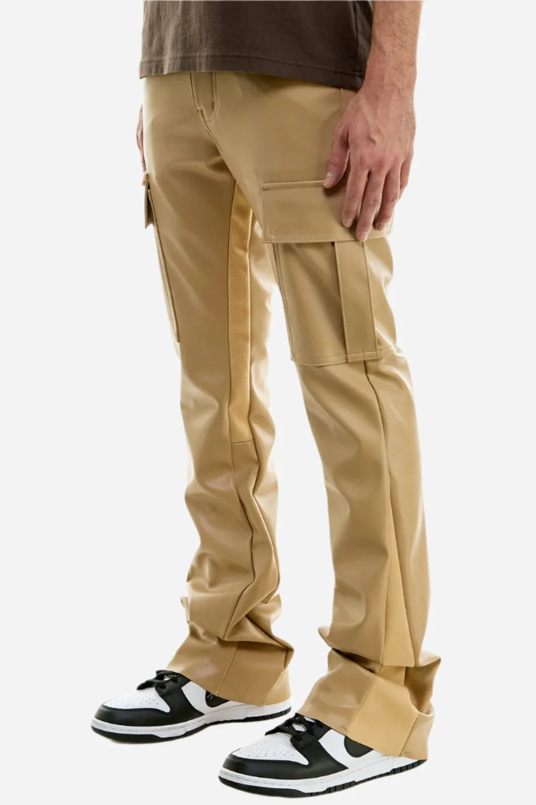 Khaki PU Skinny Flare Cargo Pant- Stacked Flare Fit