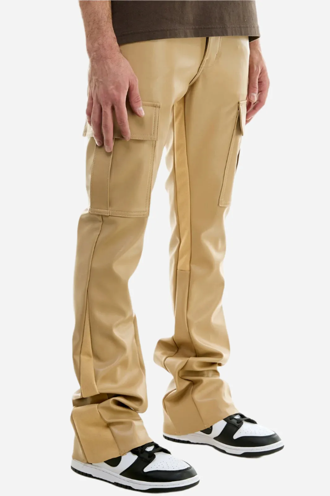 Khaki PU Skinny Flare Cargo Pant- Stacked Flare Fit