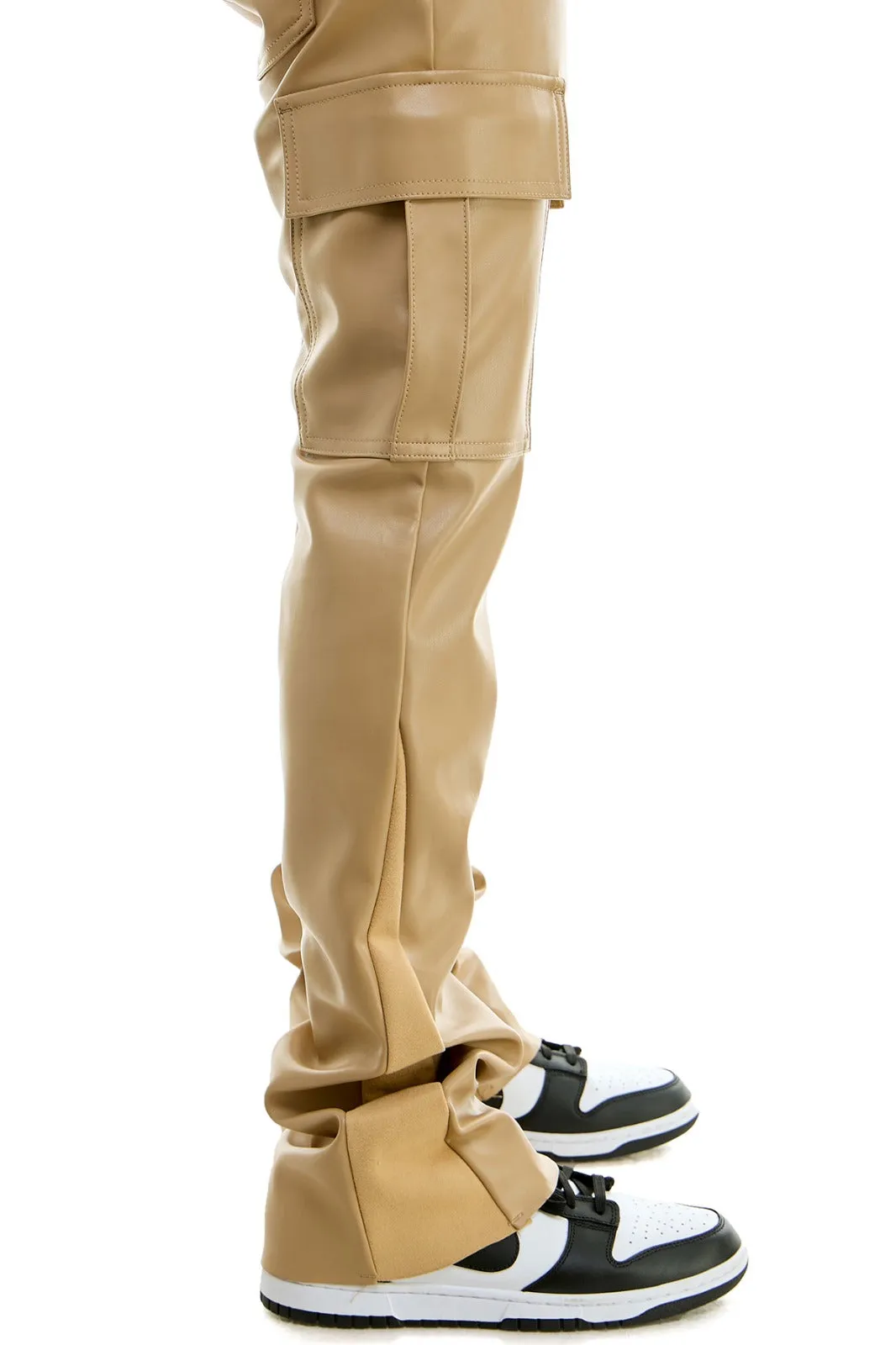 Khaki PU Skinny Flare Cargo Pant- Stacked Flare Fit
