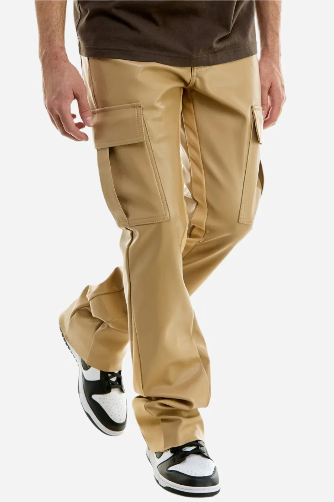 Khaki PU Skinny Flare Cargo Pant- Stacked Flare Fit