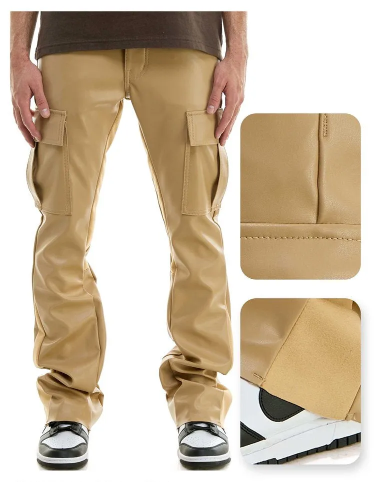 Khaki PU Skinny Flare Cargo Pant- Stacked Flare Fit