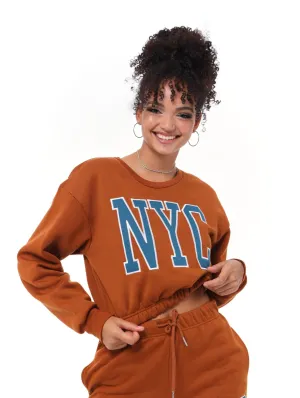 Ladies Cropped Elasticated Applique Active Top - Brown