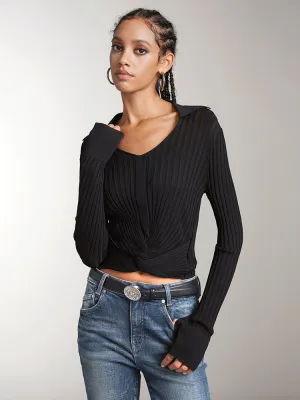 Lapel Cropped Slim Fit Knit Top