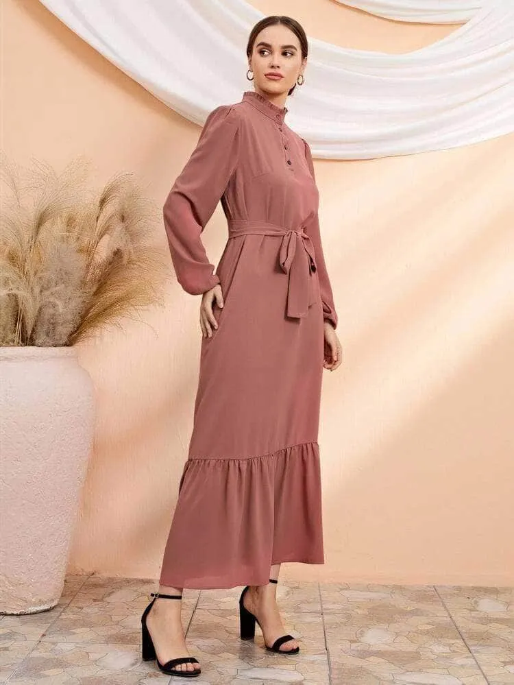 Lemon Tart Button Tie Waist Detail Maxi Long Dress LTAMD214