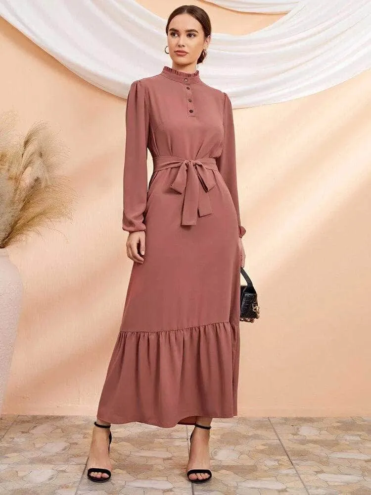 Lemon Tart Button Tie Waist Detail Maxi Long Dress LTAMD214