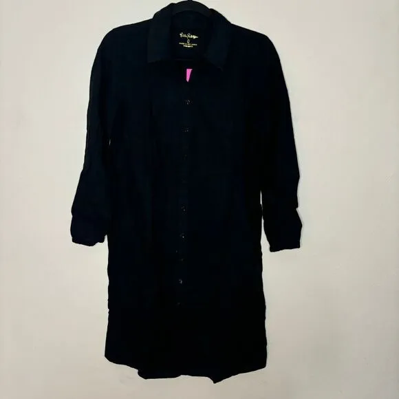 Lilly Pulitzer Dress Women's 0 Black Linen Bethanne Knee Length Button Front New