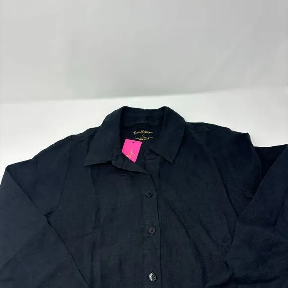 Lilly Pulitzer Dress Women's 0 Black Linen Bethanne Knee Length Button Front New