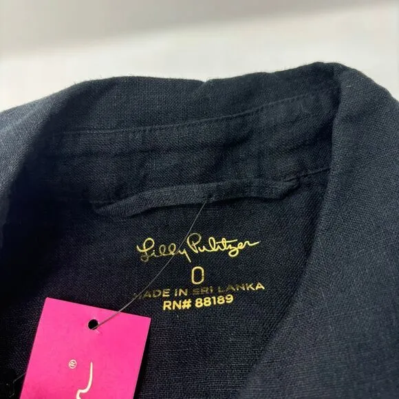Lilly Pulitzer Dress Women's 0 Black Linen Bethanne Knee Length Button Front New
