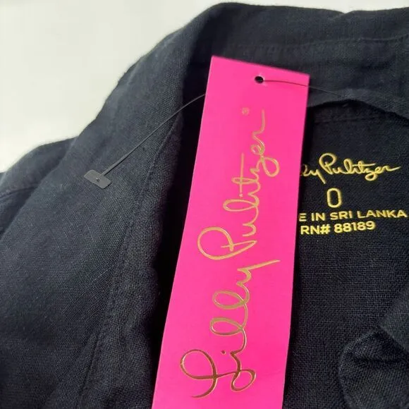 Lilly Pulitzer Dress Women's 0 Black Linen Bethanne Knee Length Button Front New
