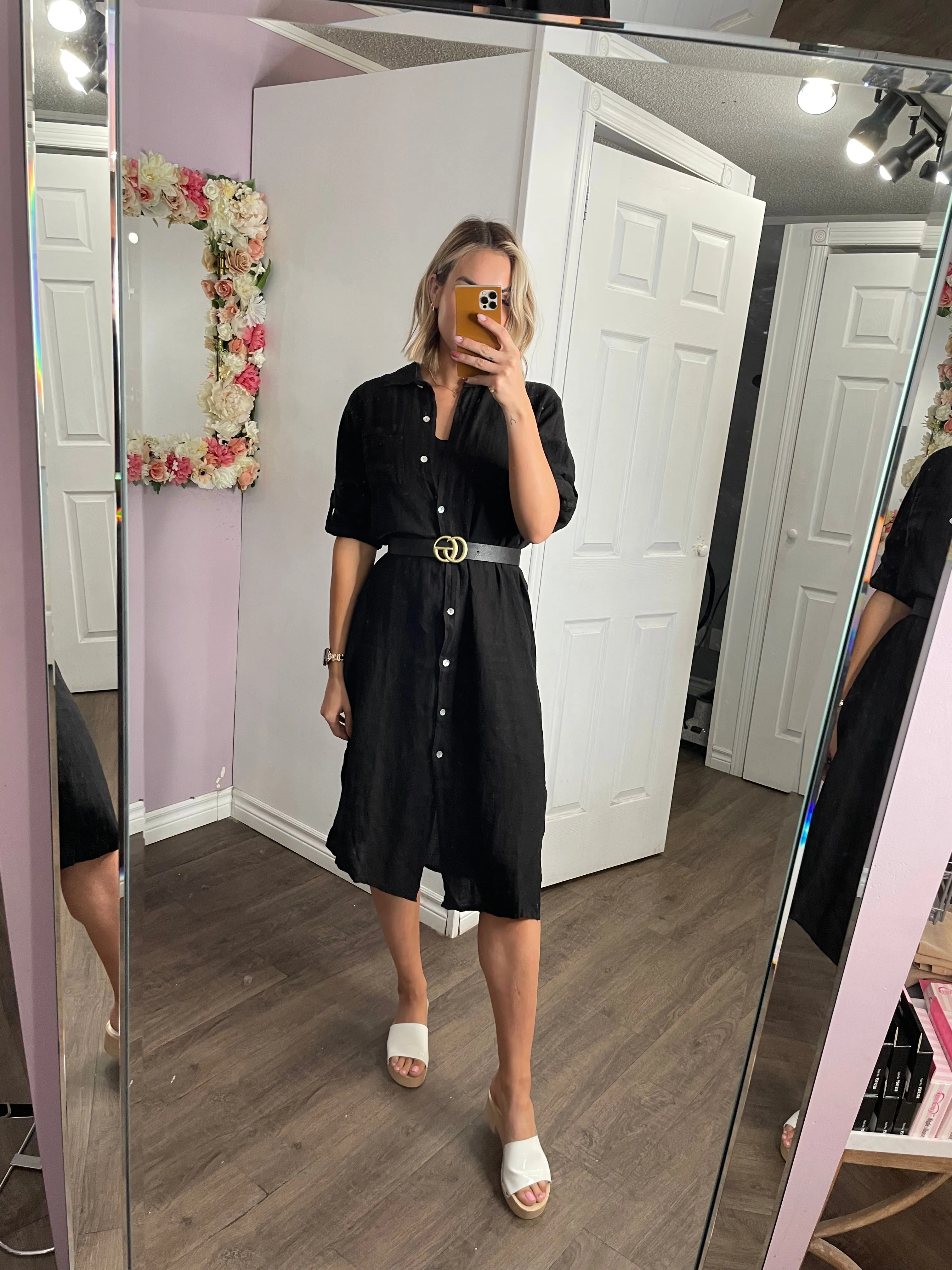 Linen Button Down Dress in Black