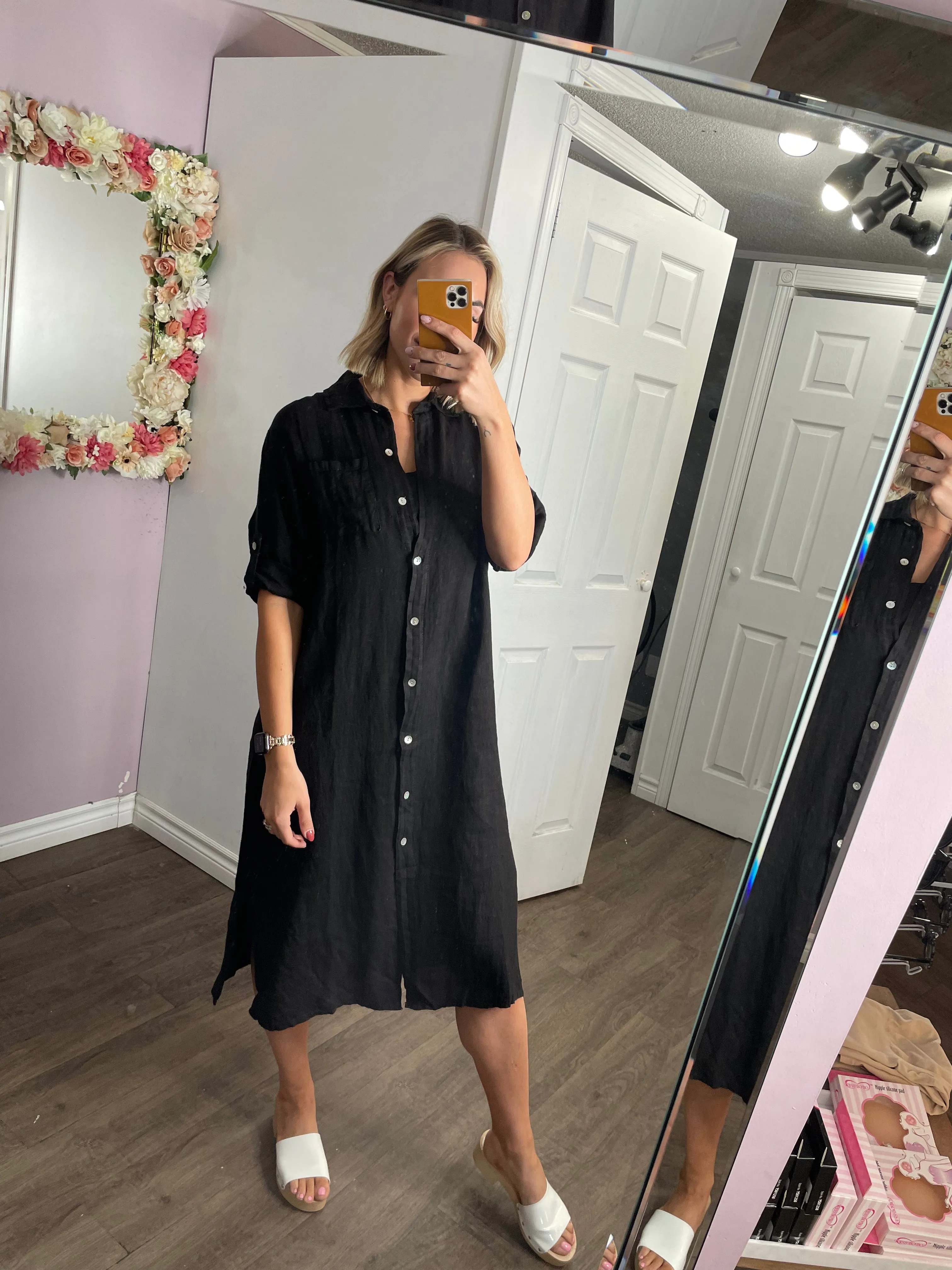 Linen Button Down Dress in Black