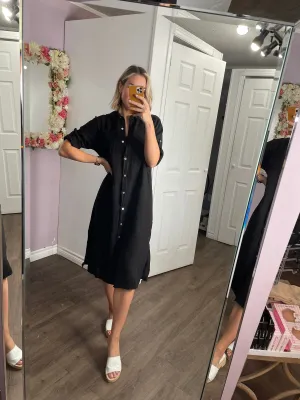 Linen Button Down Dress in Black