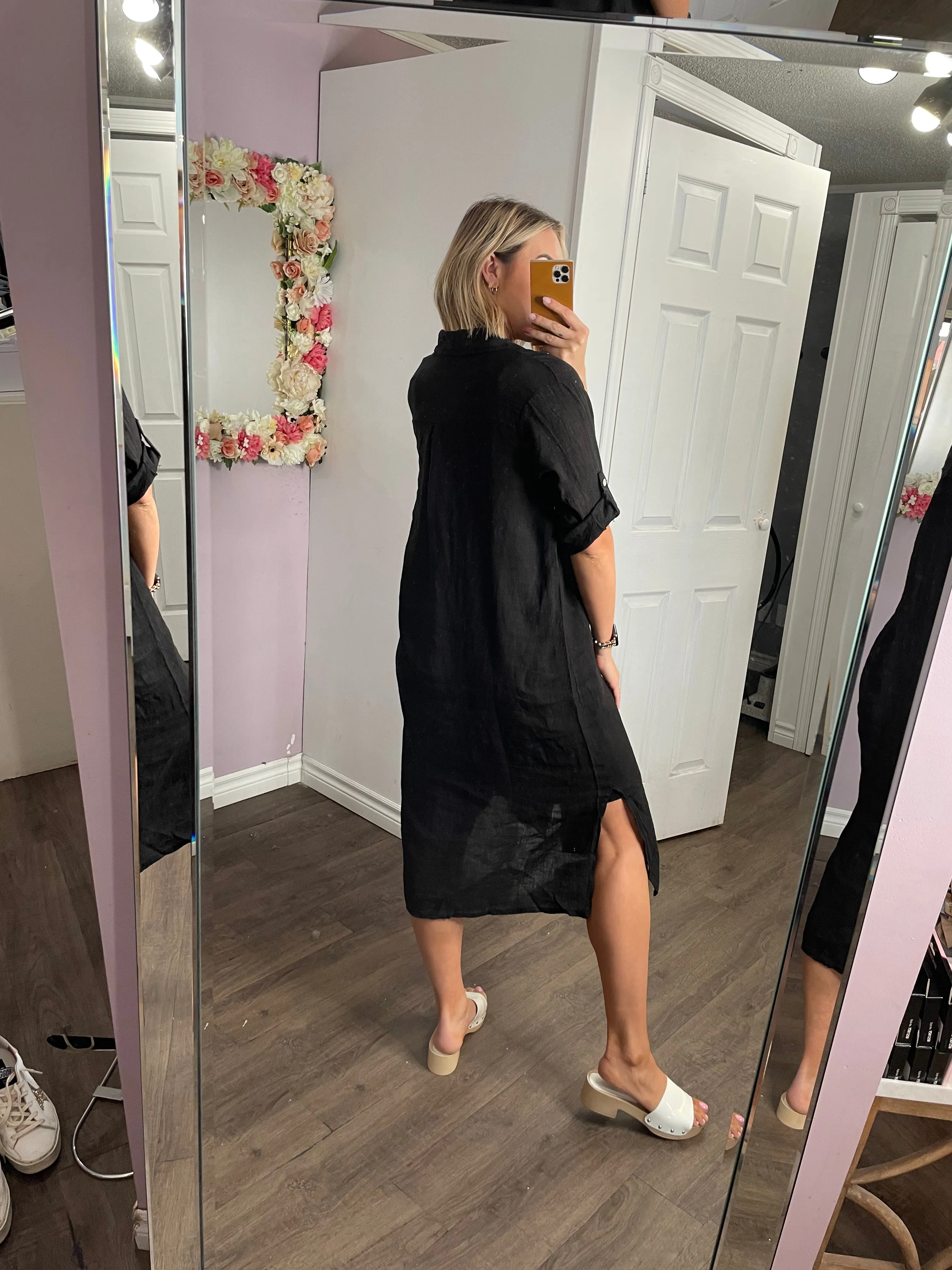 Linen Button Down Dress in Black