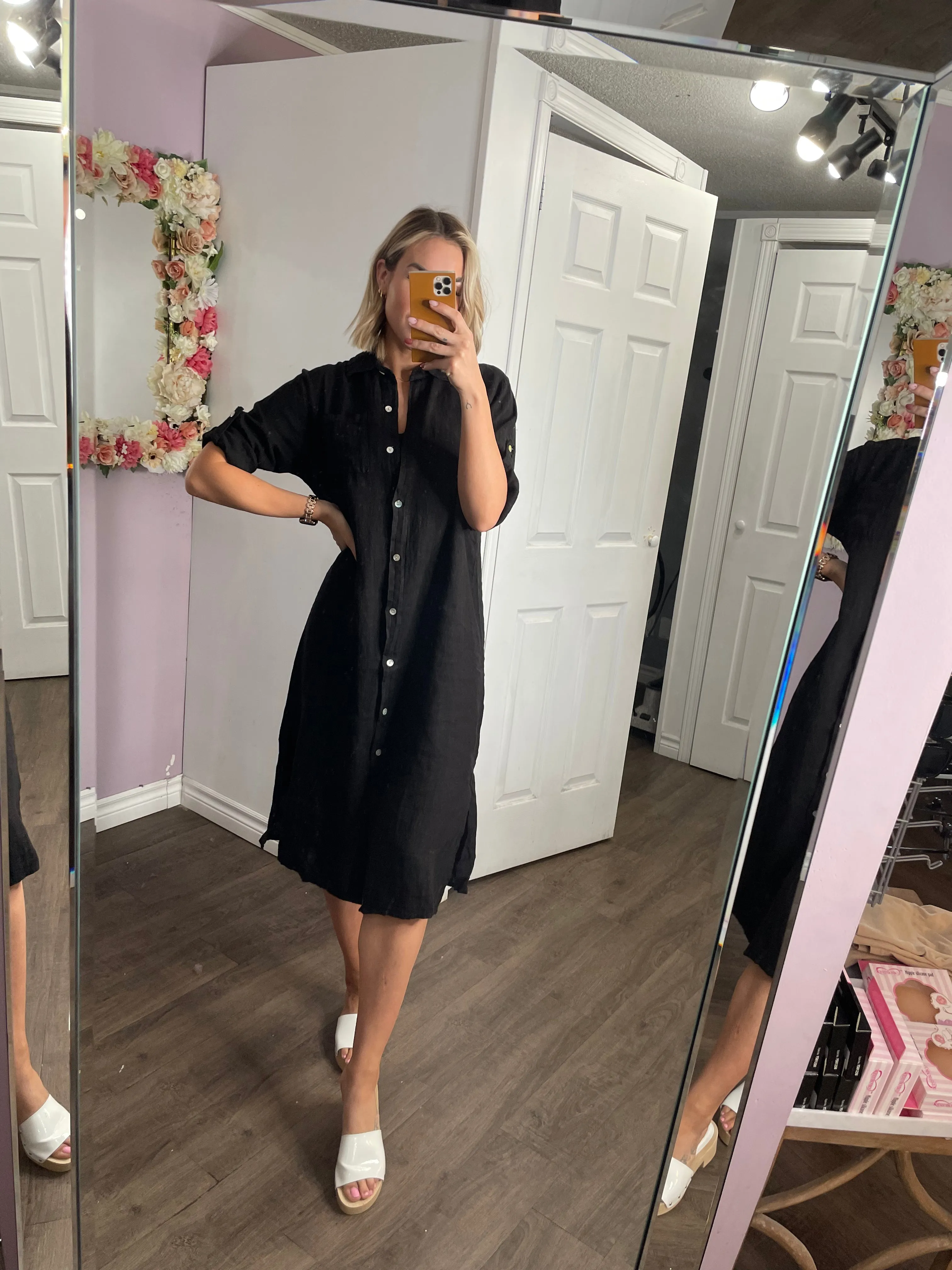 Linen Button Down Dress in Black