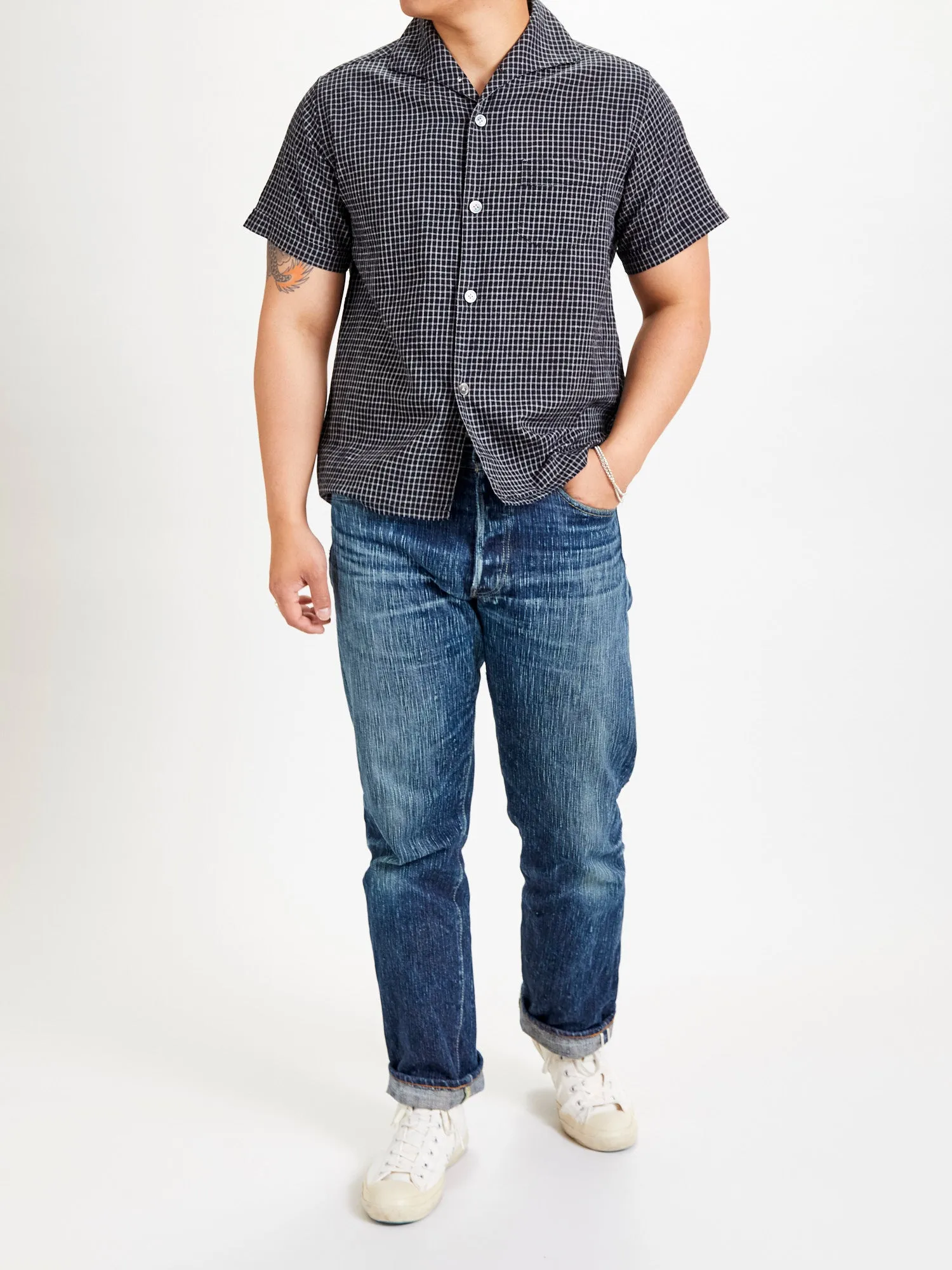 Linen Italian Collar Shirt in Black Check