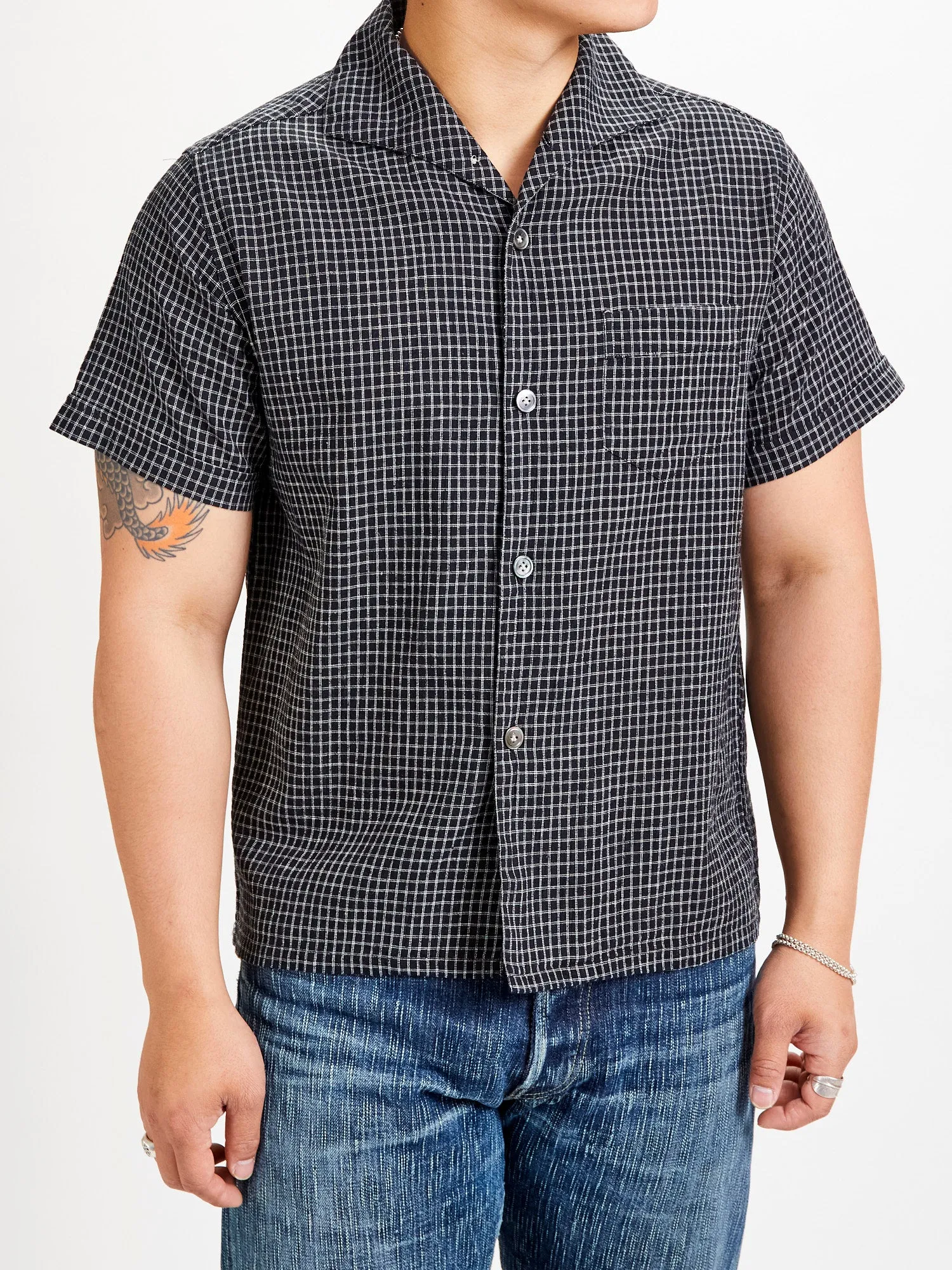Linen Italian Collar Shirt in Black Check