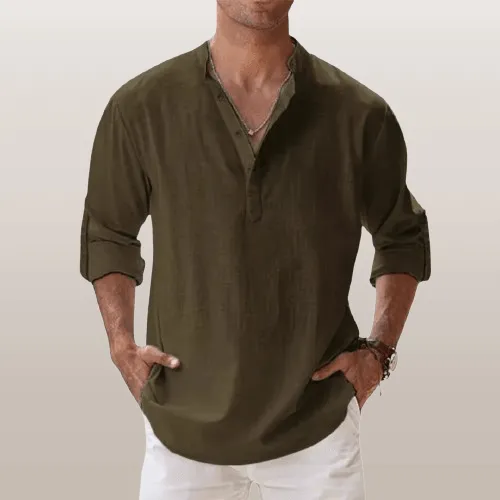 Linen Luxe™ | Men's Long Sleeve Henley Shirt | Lightweight Linen Blend, Regular Fit for Casual Wear