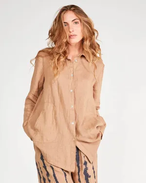 Linen Pleat Back Long Sleeve Button-Up Shirt