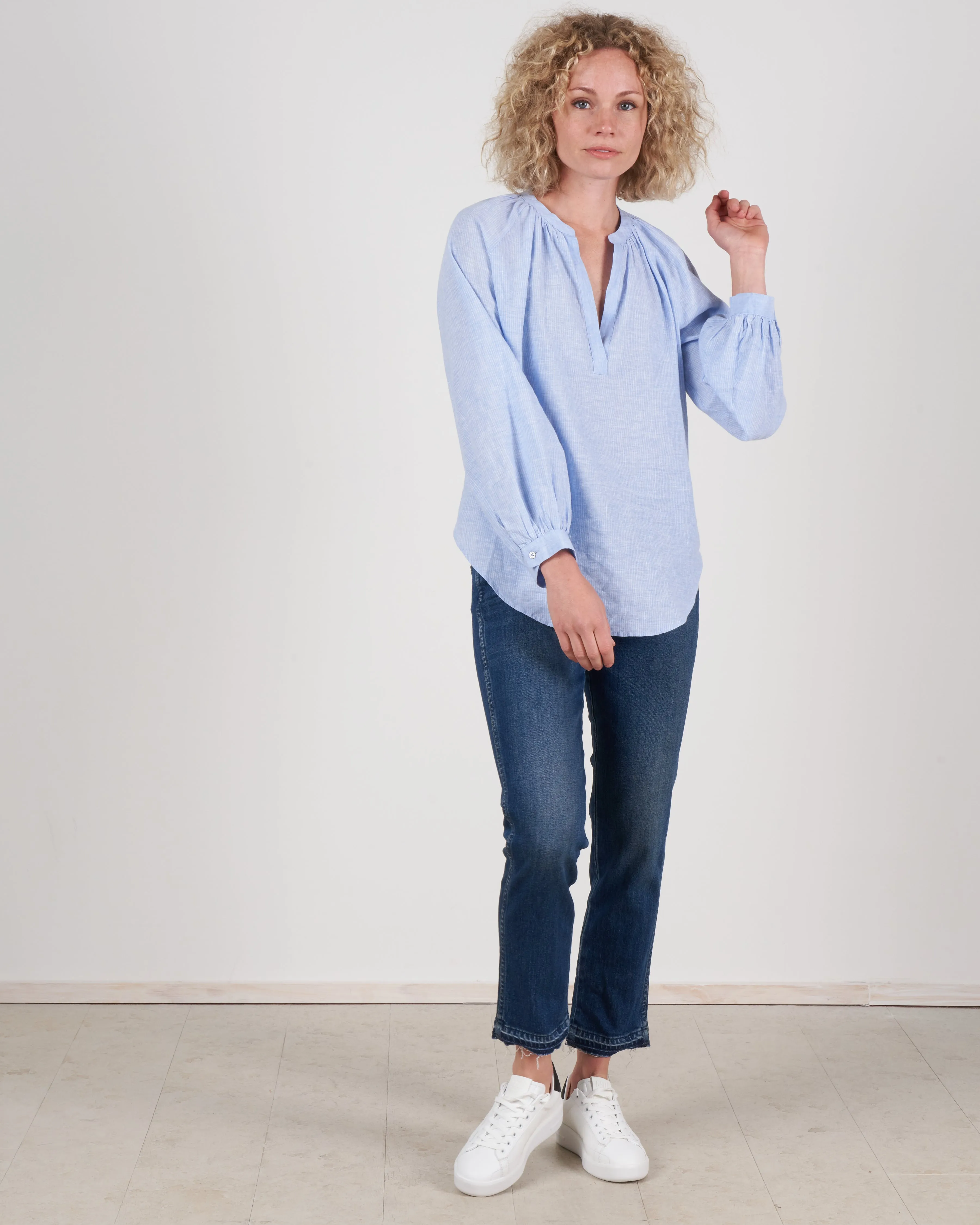 linen stripe popover - blue