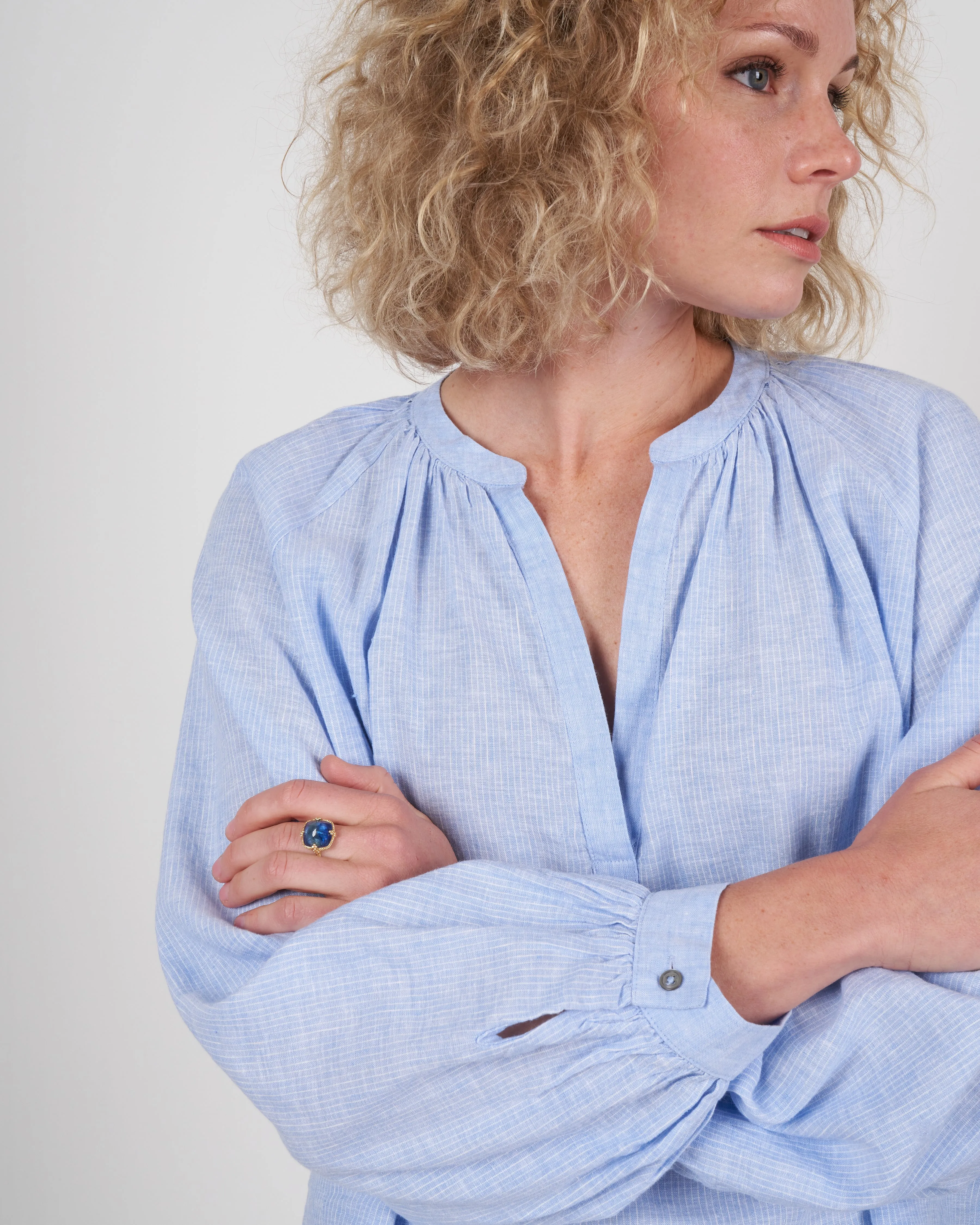 linen stripe popover - blue