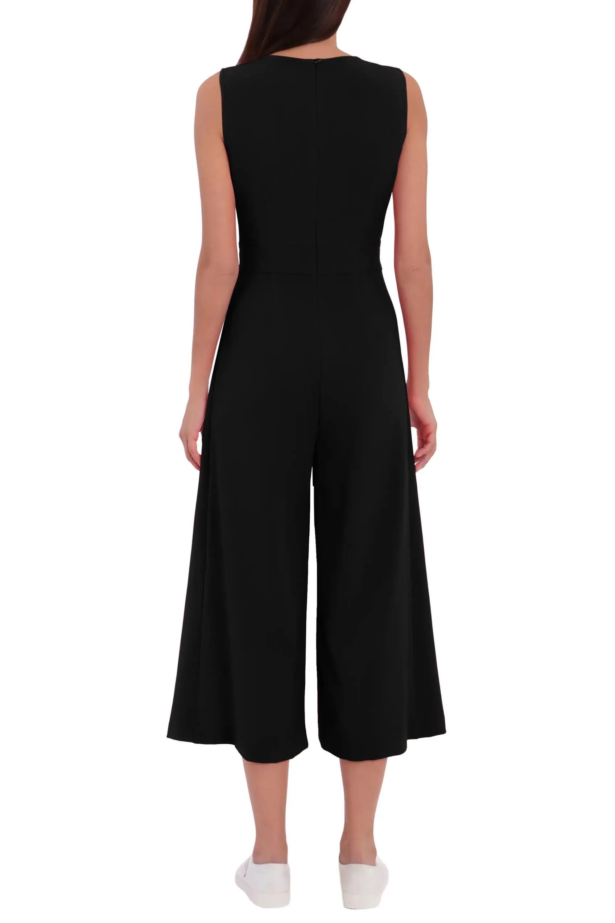 London Times crew neck sleeveless belted solid wide leg stretch crepe jumpsuit