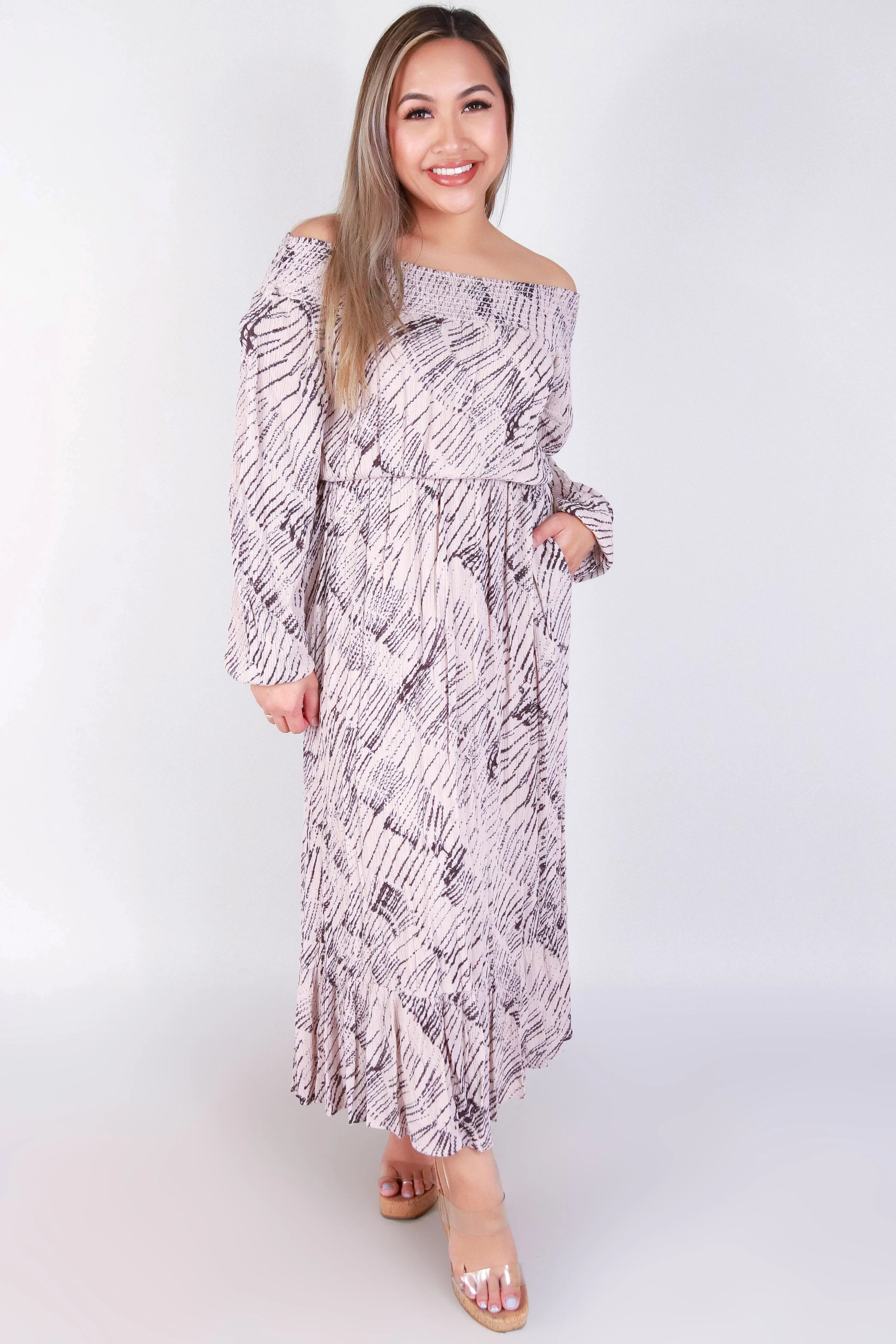 LONG SLEEVE OFF SHOULDER MAXI DRESS