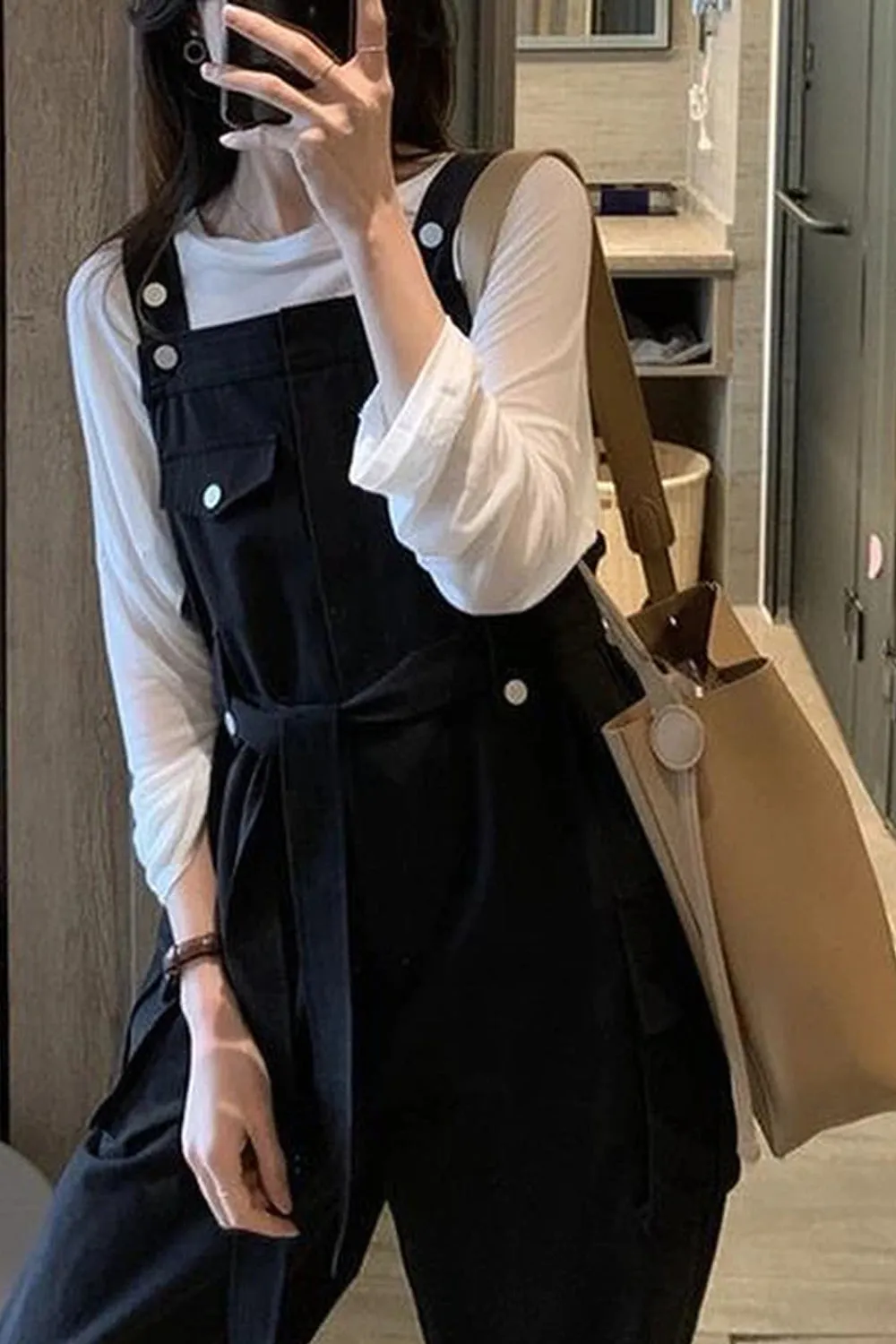 Loose Retro Sashes Black Jumpsuits