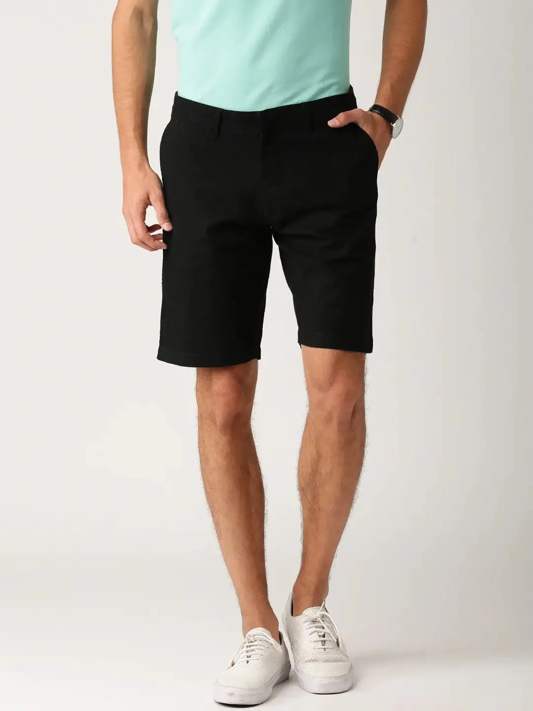 Men Black Solid Regular Fit Regular Shorts