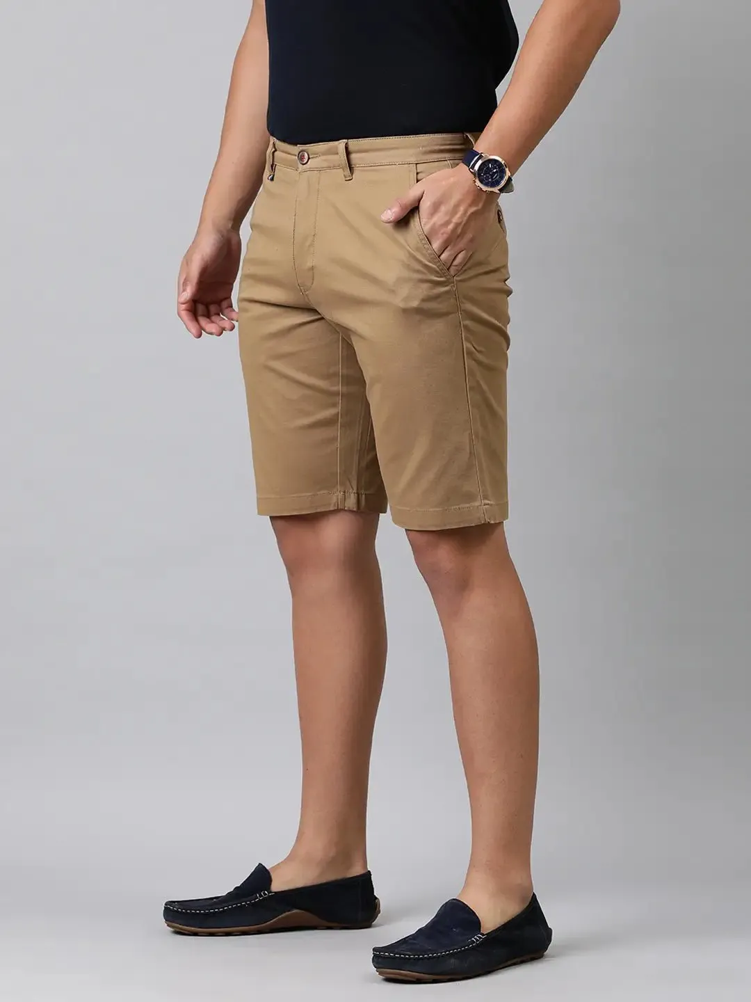 Men Khaki-Coloured Solid Slim Fit Regular Shorts