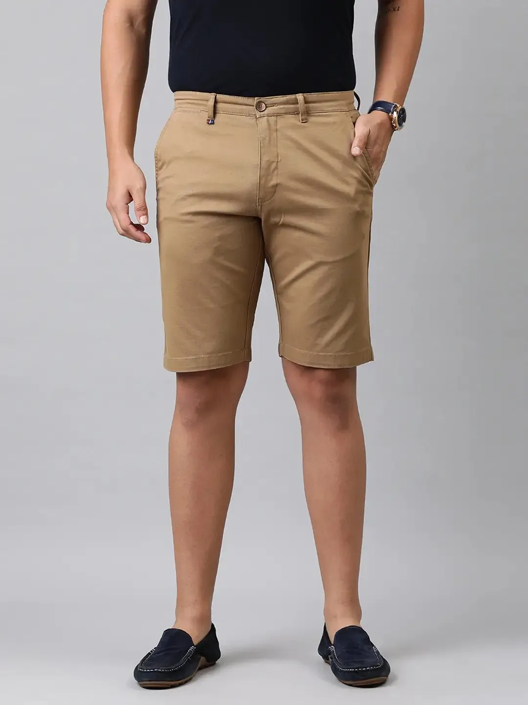 Men Khaki-Coloured Solid Slim Fit Regular Shorts