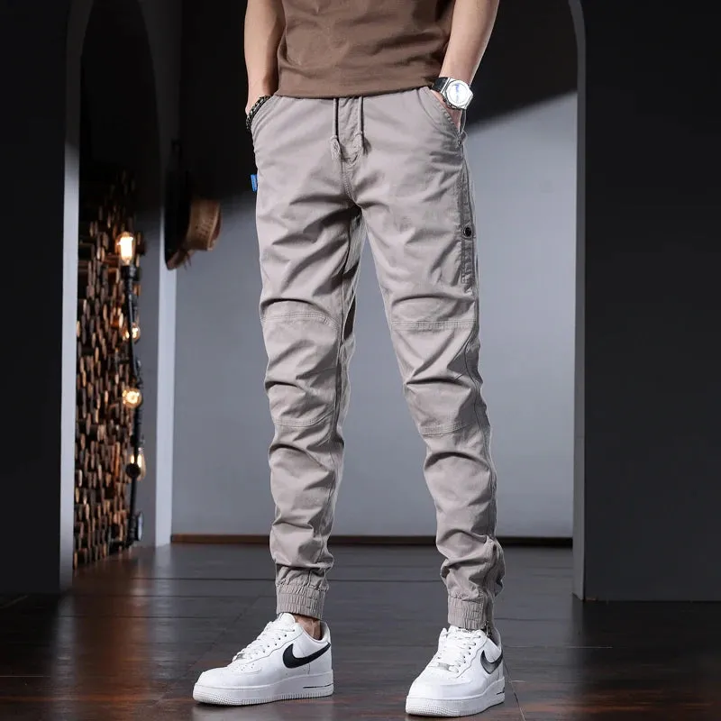 Men's Black Cotton Cargo Pants - Tactical Streetwear with Slim Fit and Elastic Waist