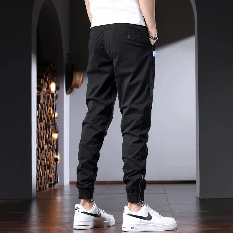 Men's Black Cotton Cargo Pants - Tactical Streetwear with Slim Fit and Elastic Waist