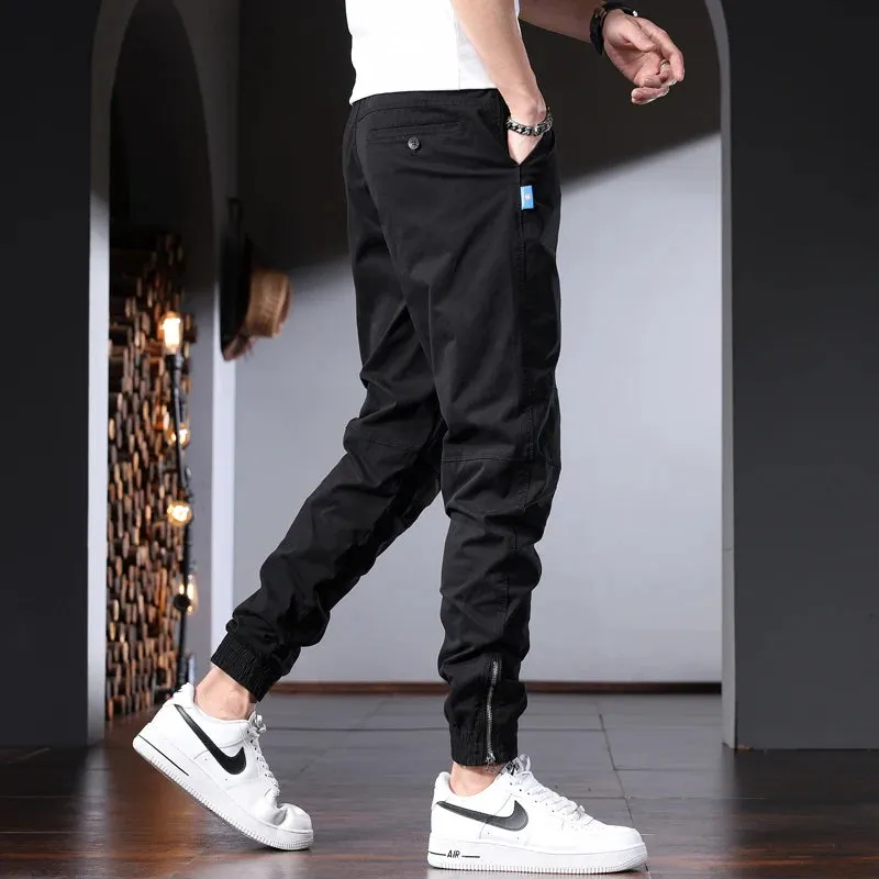 Men's Black Cotton Cargo Pants - Tactical Streetwear with Slim Fit and Elastic Waist