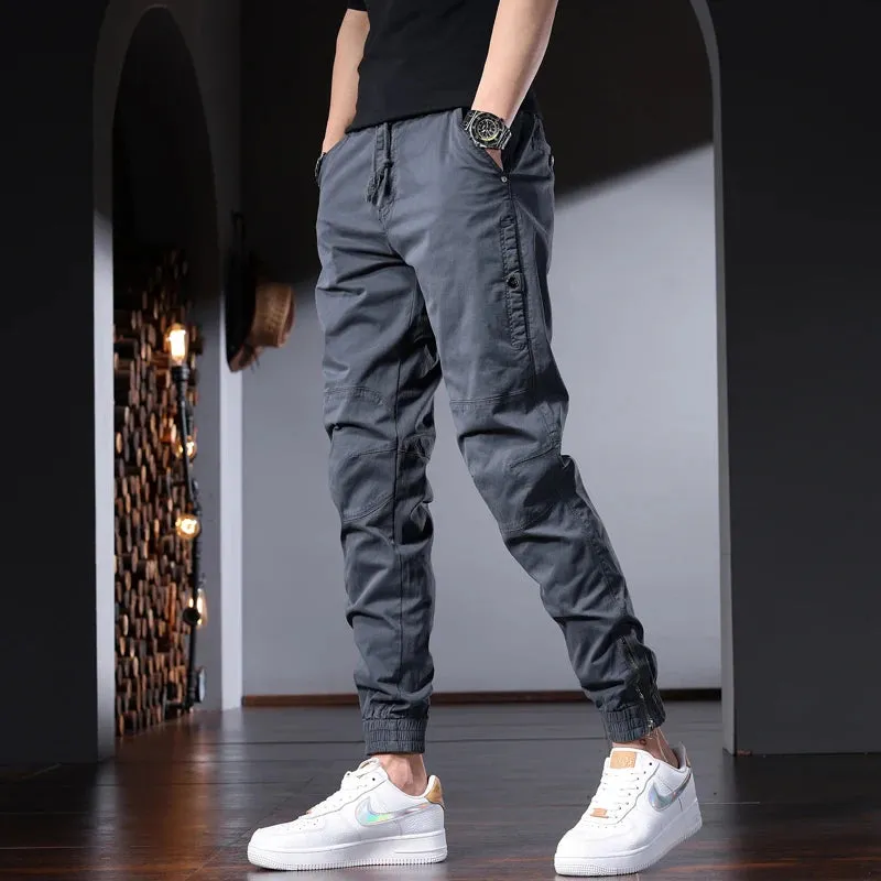 Men's Black Cotton Cargo Pants - Tactical Streetwear with Slim Fit and Elastic Waist
