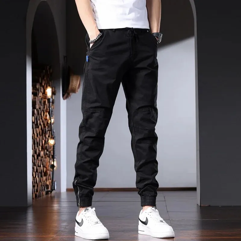 Men's Black Cotton Cargo Pants - Tactical Streetwear with Slim Fit and Elastic Waist
