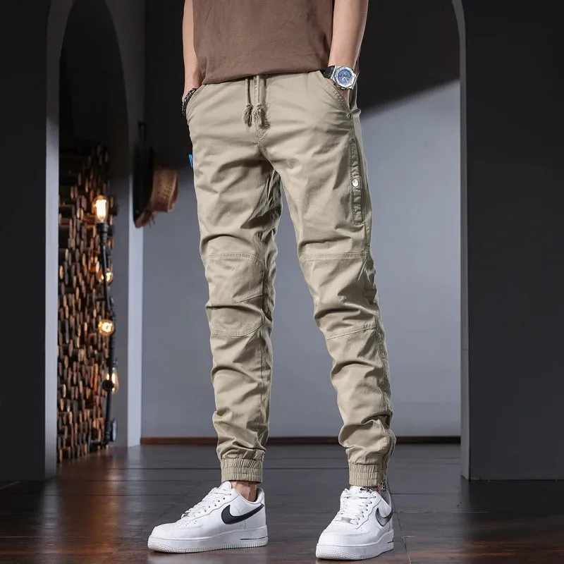 Men's Black Cotton Cargo Pants - Tactical Streetwear with Slim Fit and Elastic Waist